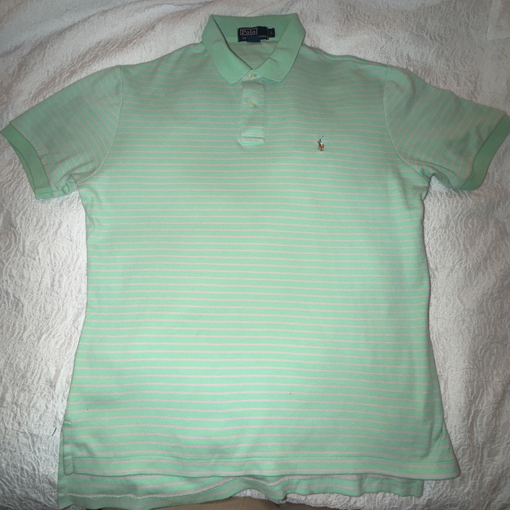 Vintage Polo‎ Ralph Lauren Striped Polo Shirt Green Pink Men's Large Y2K